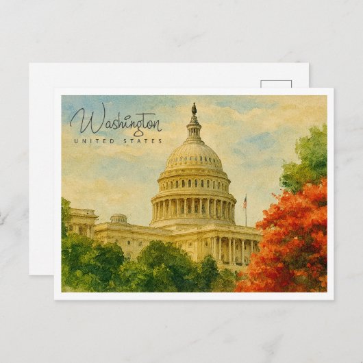 ワシントンD.C. USAレトロ水彩旅行 シーズンポストカード (正面/裏面)