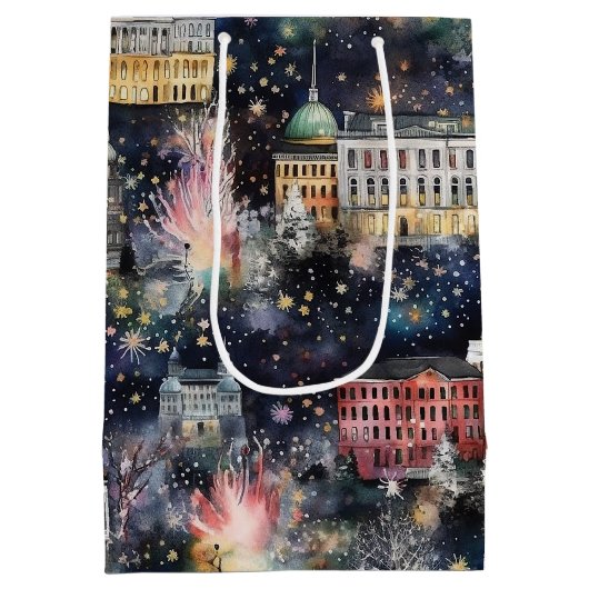 ワシントンDCクリスマスと新年の水の色 ミディアムペーパーバッグ (裏面)
