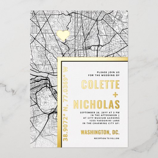 ワシントンDCラブロケーター |シティテーマ結婚の 箔招待状 (正面)