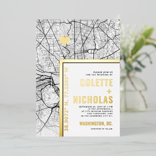 ワシントンDCラブロケーター |シティテーマ結婚の 箔招待状 (立ち正面)