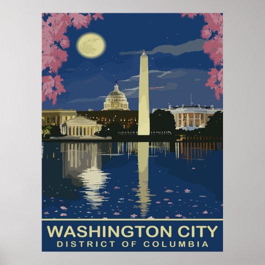ワシントンDC、夜の水面の反射、旅行 ポスター (正面)