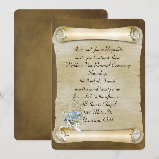 ワスレナグサのヴィンテージ スクロール 誓いの更新 招待状 (正面/裏面)