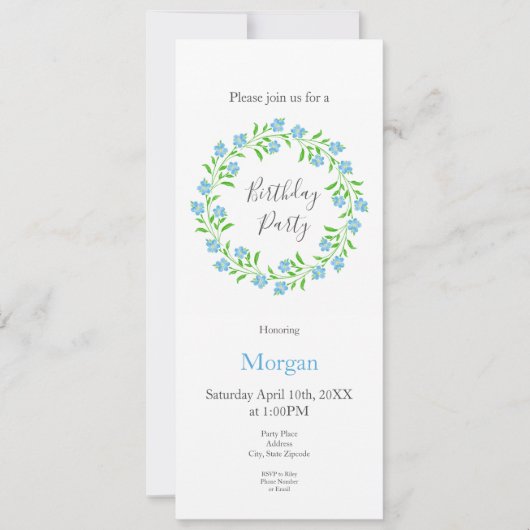 ワスレナグサの水彩フラワー リース 招待状 (正面)