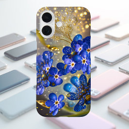 ワスレナグサの花に金の装飾 iPhone 16ケース