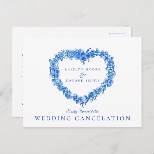 ワスレナグサの青いハートの花輪　結婚式中止 案内ポストカード (正面/裏面)