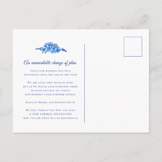 ワスレナグサの青いハートの花輪　結婚式中止 案内ポストカード (裏面)