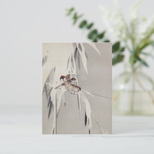 ワタナベ正丁の雪の中のユーラシアの木の雀 ポストカード (スタンド正面)