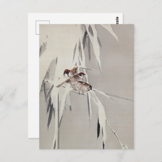 ワタナベ正丁の雪の中のユーラシアの木の雀 ポストカード (正面/裏面)