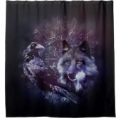ワタリガラスおよびオオカミ- Vegvisirそして生命の樹 シャワーカーテン (正面)