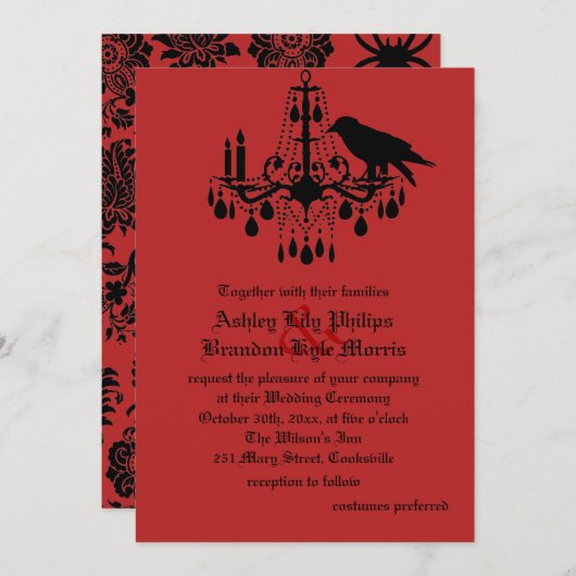 ワタリガラスおよびダマスク織の結婚式招待状 招待状 (正面/裏面)