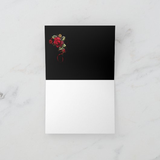 ワタリガラスの赤いバラの黒の灰色のダマスク織は感謝していしています サンキューカード (内部)