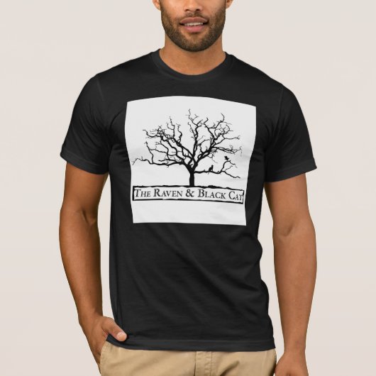 ワタリガラス及び黒猫の正方形のロゴのティー Tシャツ (正面)