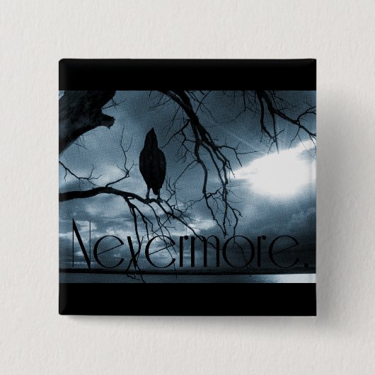 ワタリガラス- Nevermore太陽光線及び木の青 缶バッジ (正面)