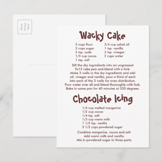 ワッキーケーキとチョコレートアイシングレシピ ポストカード (正面/裏面)