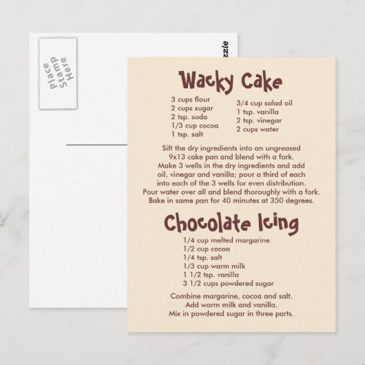 ワッキーケーキとチョコレートアイシングレシピ ポストカード (正面/裏面)