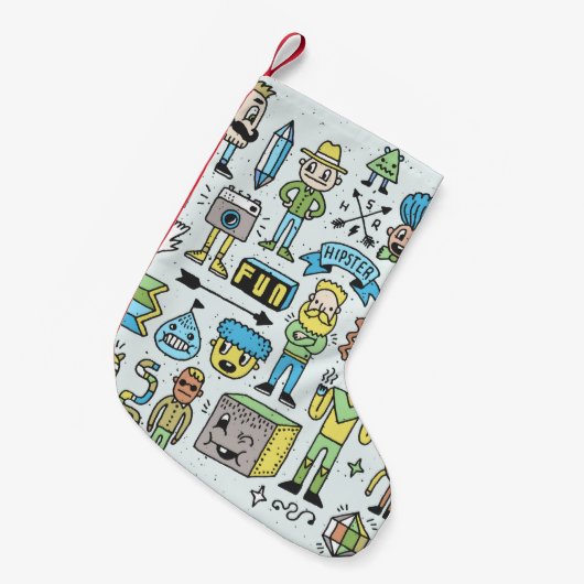 ワッキーヒップスターズドールセット2。カラフルヴィンテージ手 スモールクリスマスストッキング (正面 (吊り時))