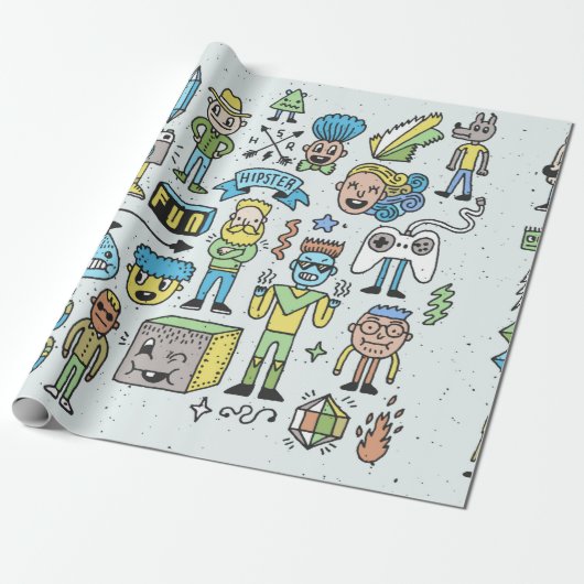 ワッキーヒップスターズドールセット2。カラフルヴィンテージ手 ラッピングペーパー (アンロールド)