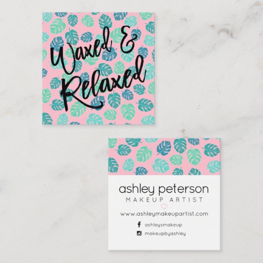 ワックスのタイポグラフィの熱帯葉のピンク スクエア名刺 (正面/裏面)