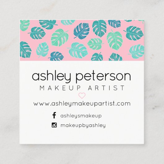 ワックスのタイポグラフィの熱帯葉のピンク スクエア名刺 (裏面)
