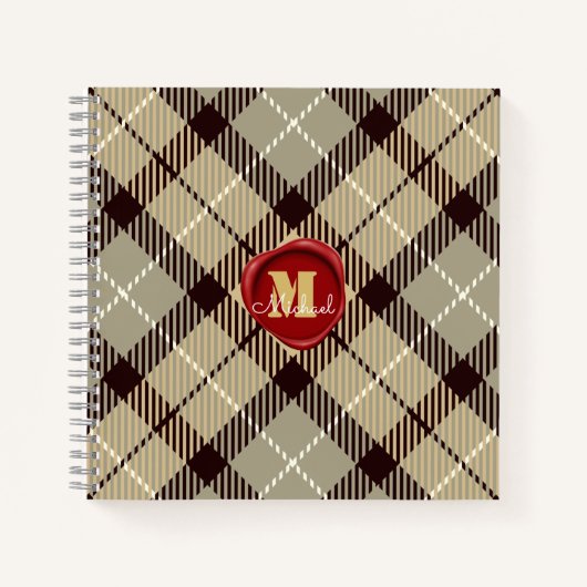 ワックスシパーソナライズされたールモノグラム名グレータータンチェック ノートブック (正面)