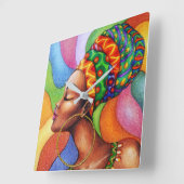 ワックス布付きアフリカ伝統的人女性 スクエア壁時計 (傾斜)