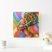 ワックス布付きアフリカ伝統的人女性 スクエア壁時計 (ホーム)