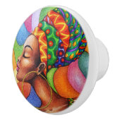 ワックス布付きアフリカ伝統的人女性 セラミックノブ (右)