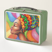 ワックス布付きアフリカ伝統的人女性 メタルランチボックス (正面)