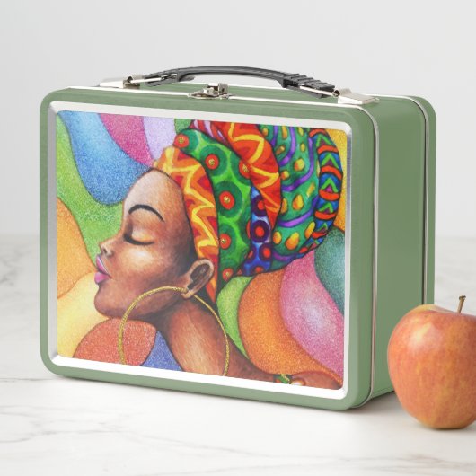 ワックス布付きアフリカ伝統的人女性 メタルランチボックス (インサイチュ)