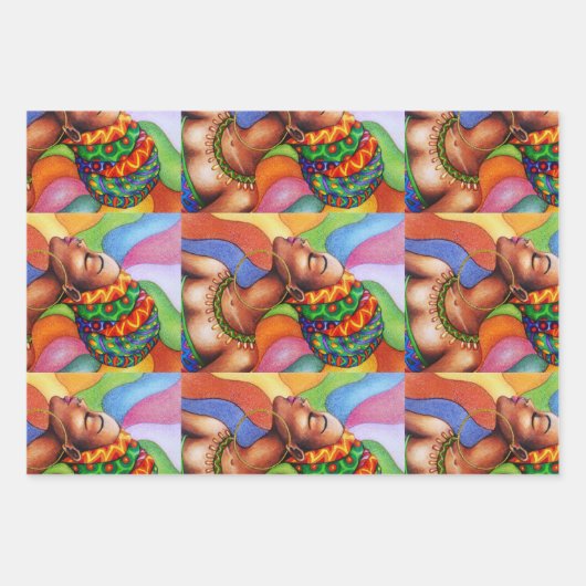 ワックス布付きアフリカ伝統的人女性 ラッピングペーパーシート (正面3)