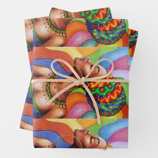 ワックス布付きアフリカ伝統的人女性 ラッピングペーパーシート (インサイチュ)