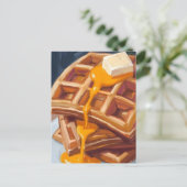 ワッフルのシロップの朝食の水彩画 ポストカード (スタンド正面)