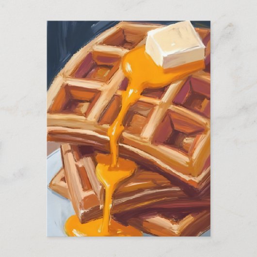 ワッフルのシロップの朝食の水彩画 ポストカード (正面)