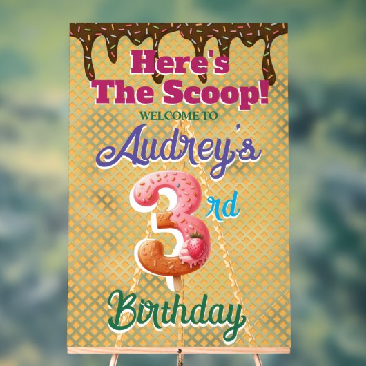 ワッフルアイスクリームコーン 3歳の誕生日 アクリルサイン (ニュートラル)