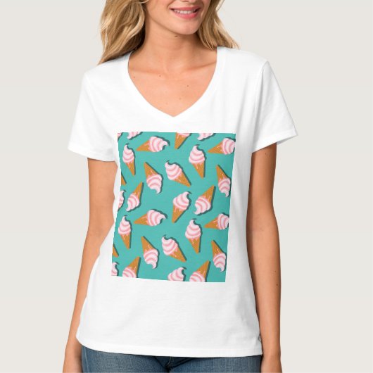 ワッフルコーンのアイスクリームと凍っていヨーグルトパターンT Tシャツ (正面)