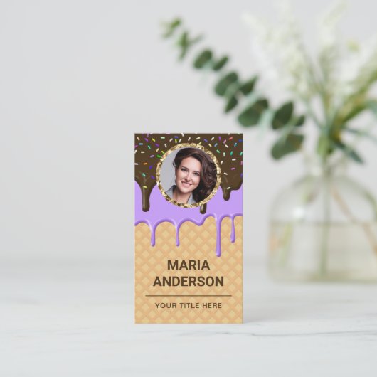 ワッフルパープルアイシングドリップス生地シェフフォトベーカリー 名刺 (スタンド正面)