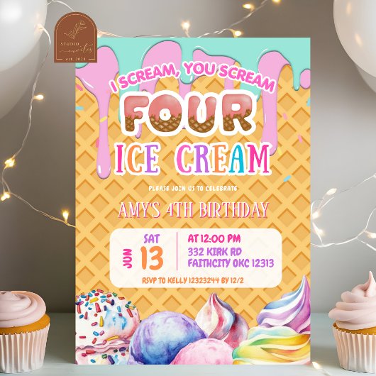 ワッフル背景滴下ピンクアイスクリーム誕生日 招待状