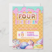 ワッフル背景滴下ピンクアイスクリーム誕生日 招待状 (正面)