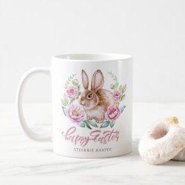 ワテカラーバニーとピンクの花のハッピーイースター コーヒーマグカップ