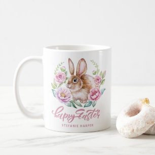 ワテカラーバニーとピンクの花のハッピーイースター コーヒーマグカップ
