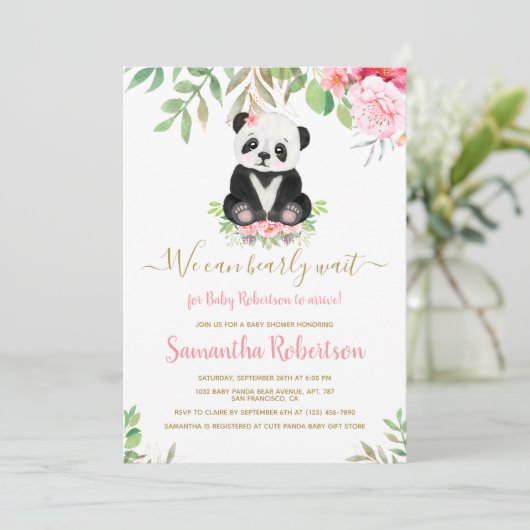ワテカラー赤面ピンクベアーガールベビーシャワーフローラ 招待状 (スタンド正面)
