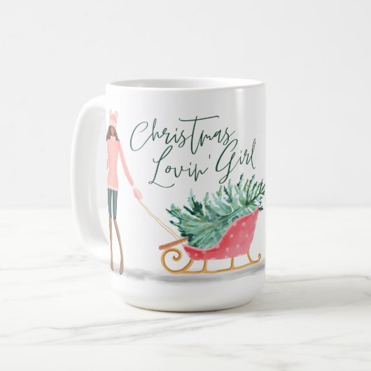 ワテロールクリスマスロヴィンの女の子の引そりを引く コーヒーマグカップ (正面左)