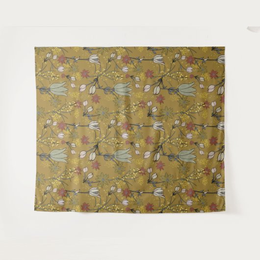 ワトルフローラモダンデザインフランネルフラワーイエロー タペストリー (正面(横))