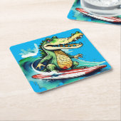 ワニおもしろいルサーフィン スクエアペーパーコースター (アングル)