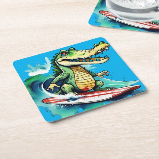 ワニおもしろいルサーフィン スクエアペーパーコースター (アングル)