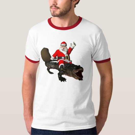 ワニに乗っているすてきなサンタクロース Tシャツ (正面)