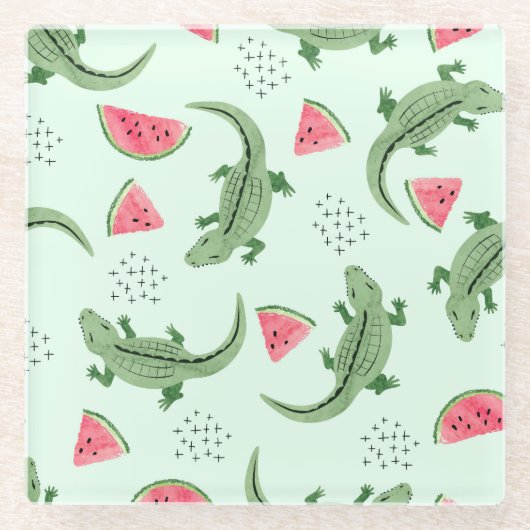 ワニのスイカ、抽象芸術ヴィンテージパターン。 ガラスコースター (正面)