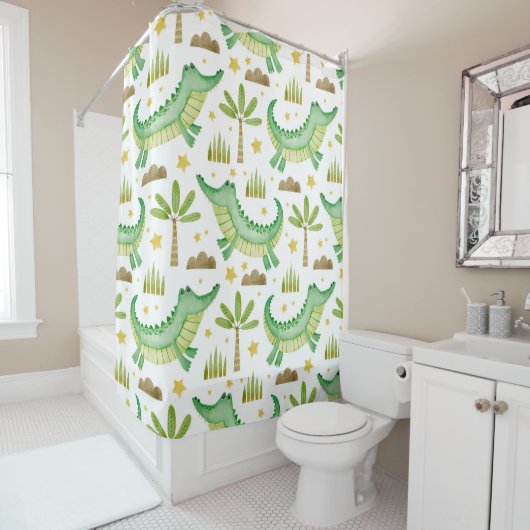 ワニのヤシの木の水色のシームレスなパターン シャワーカーテン (インサイチュ)