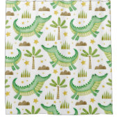 ワニのヤシの木の水色のシームレスなパターン シャワーカーテン (正面)