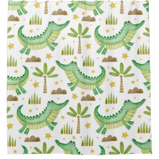 ワニのヤシの木の水色のシームレスなパターン シャワーカーテン (正面)